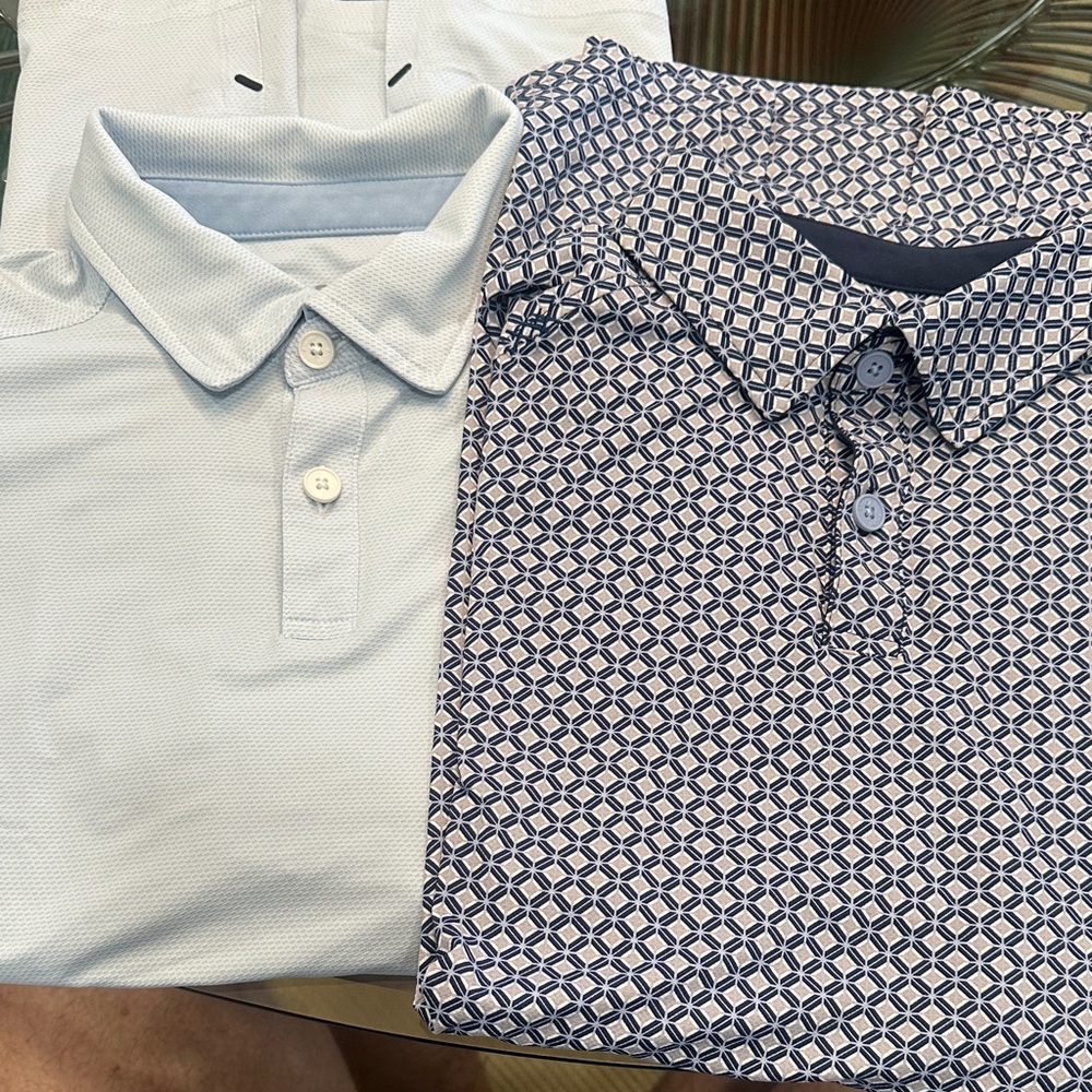 Two (2) RHONE Light Blue and Navy Patterned Polos